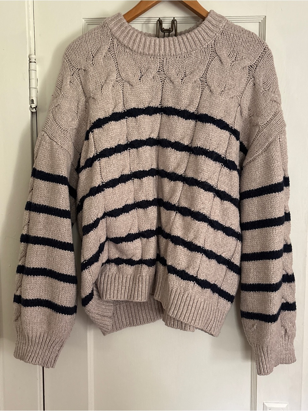 LC Lauren Conrad Beige Cable Knit Sweater with Navy Stripes